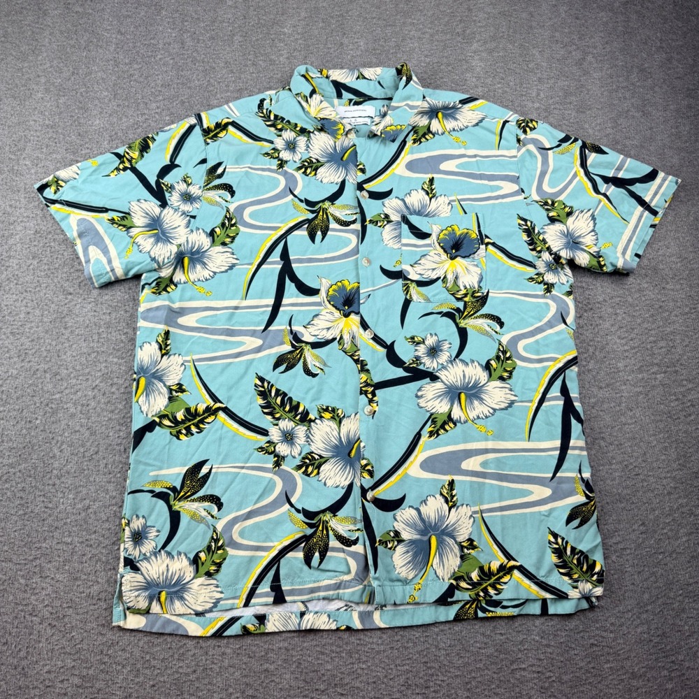 Urban Outfitters Men's L Large Blue Tropical Hibiscus Floral Viscose Button Down